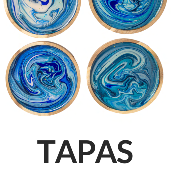 Set of four 5-inch wooden tapas plates with blue and white swirls.