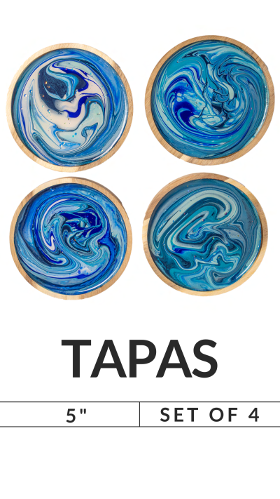 Set of four 5-inch wooden tapas plates with blue and white swirls.