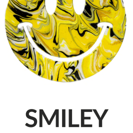 Yellow and black marbled smiley face with 'SMILEY' and '14
