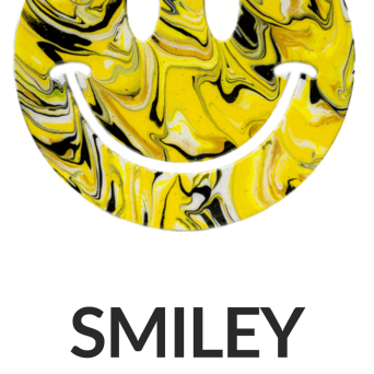 Yellow and black marbled smiley face with 'SMILEY' and '14