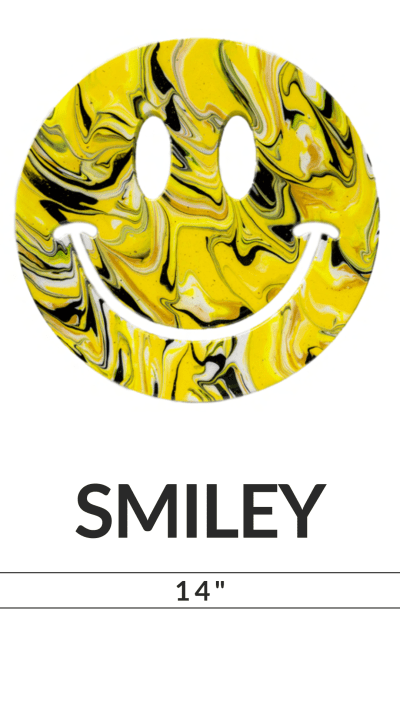 Yellow and black marbled smiley face with 'SMILEY' and '14