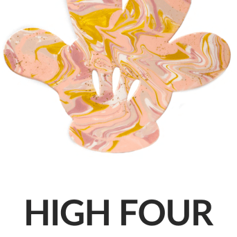 Abstract four-finger hand with pink, yellow swirls, labeled 'HIGH FOUR' and size '20