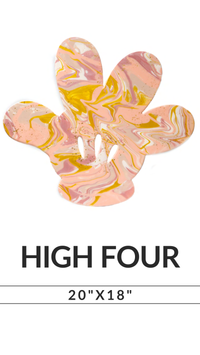 Abstract four-finger hand with pink, yellow swirls, labeled 'HIGH FOUR' and size '20