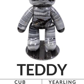 Gray, marble-patterned teddy bear figurine with sizes listed: Cub 9 inches, Yearling 13 inches.