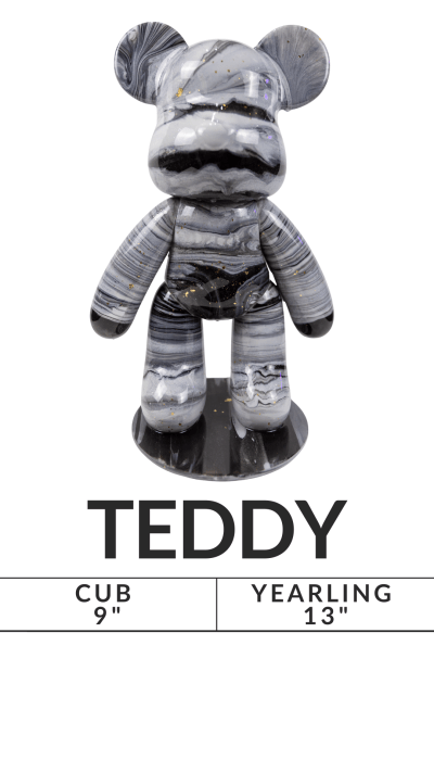 Gray, marble-patterned teddy bear figurine with sizes listed: Cub 9 inches, Yearling 13 inches.