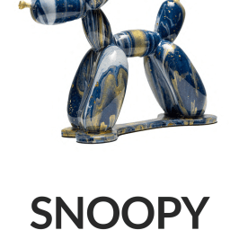 Blue and gold marble-pattern balloon dog sculpture labeled 'SNOOPY' 10 inches.