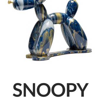Blue and gold marble-pattern balloon dog sculpture labeled 'SNOOPY' 10 inches.