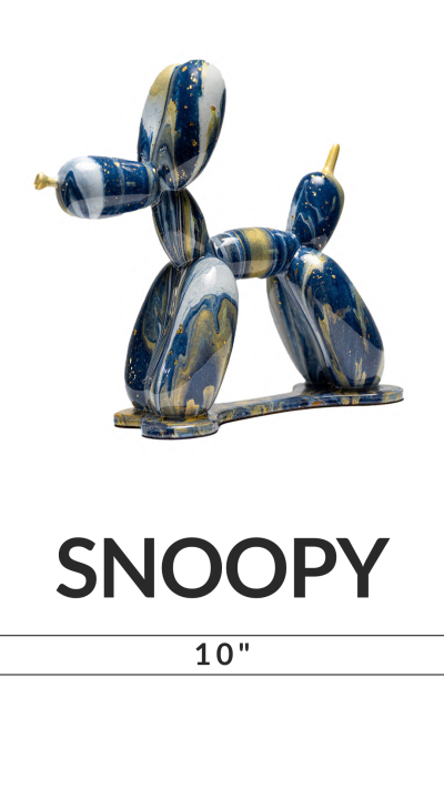 Blue and gold marble-pattern balloon dog sculpture labeled 'SNOOPY' 10 inches.