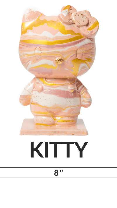 Colorful abstract cat figurine with pink, yellow, and white swirls, labeled 'KITTY' and '8 inches' below.