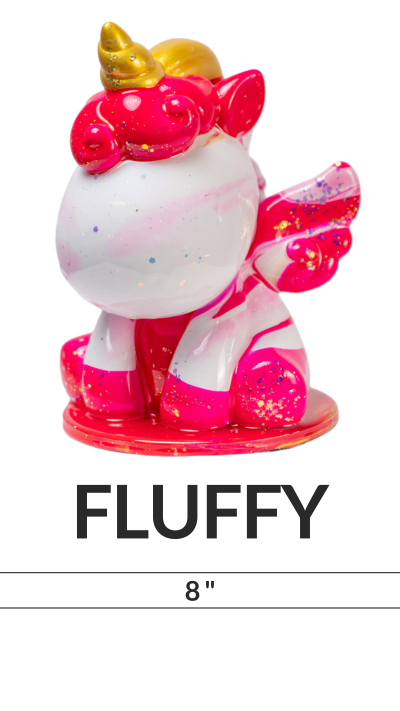 Colorful unicorn figurine with glitter, labeled 'FLUFFY', 8 inches tall.