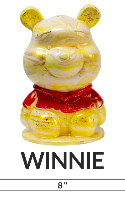 Yellow swirled bear figure in red shirt, labeled 'WINNIE', 8 inches tall.
