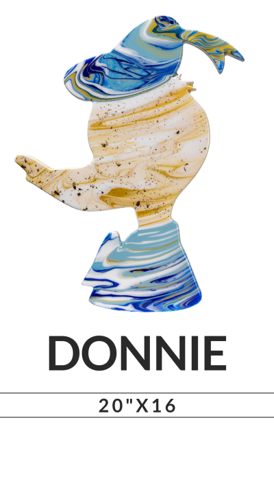 Silhouette art with blue and gold swirls, labeled 'DONNIE' 20
