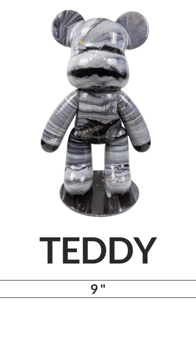 Marbled gray teddy bear sculpture labeled 'TEDDY' with height 9 inches.