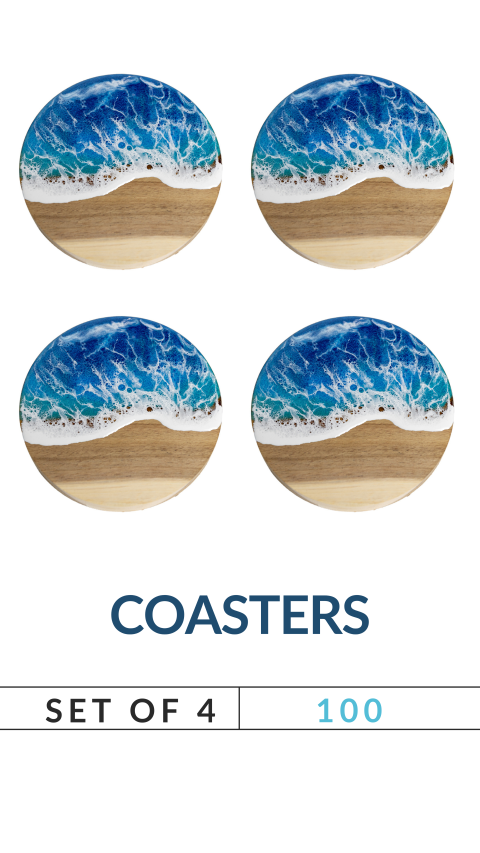 Set of 4 round coasters with ocean wave design, priced at 100.