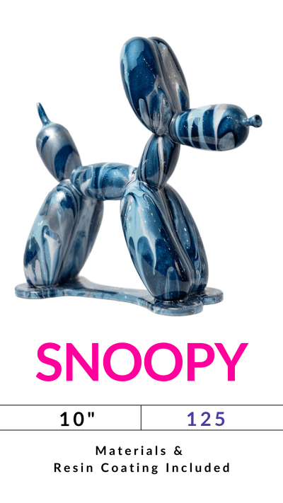 Blue balloon dog sculpture with swirling patterns on white background, labeled 'Snoopy', 10 inches, resin included.