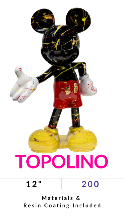 Colorful abstract mouse figure with 'TOPOLINO' text and dimensions 12
