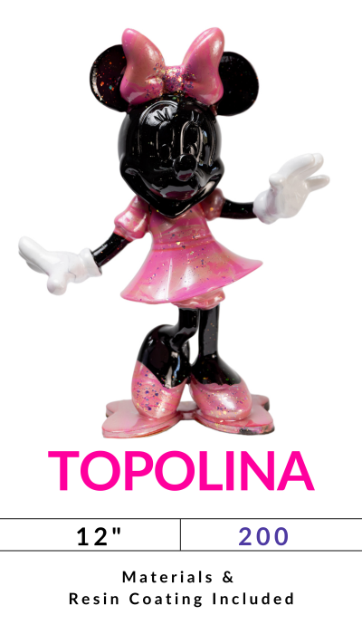 Black figurine with pink outfit labeled 'TOPOLINA'; 12 inches; price 200; resin coating included.