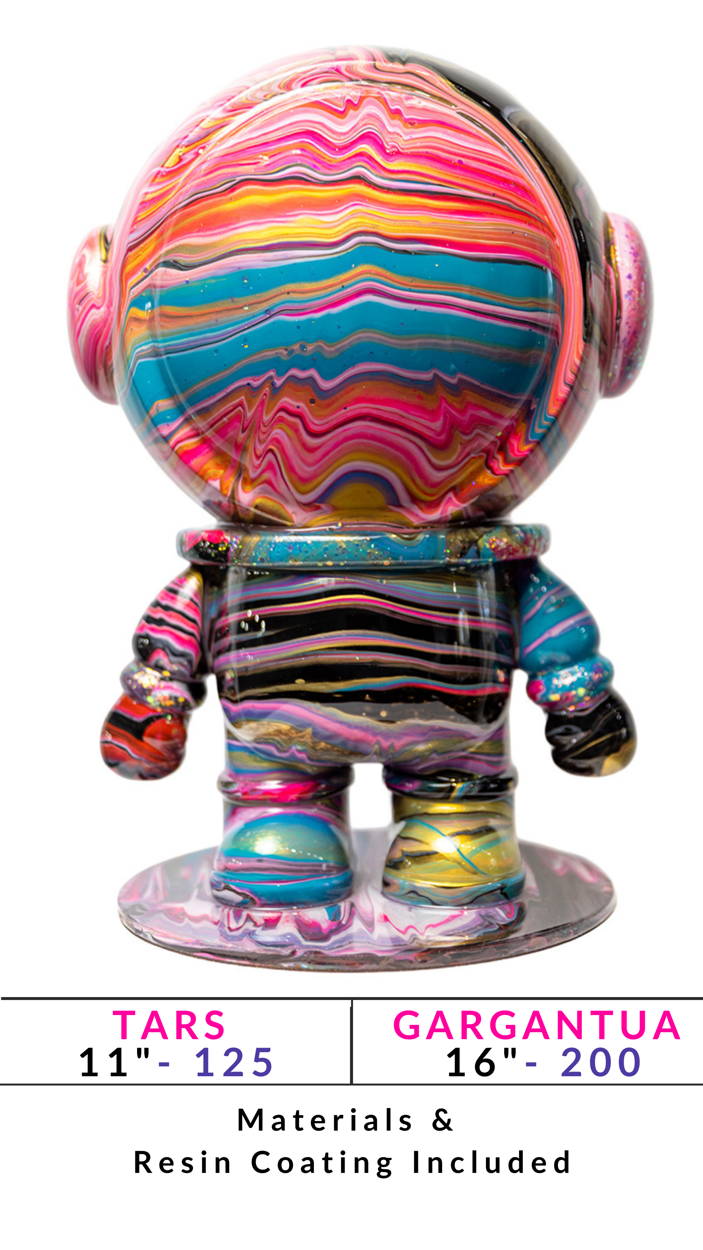 Colorful, swirled resin figure named TARS, 11 inches, with size options and materials listed below.