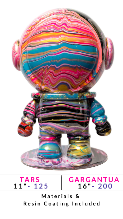 Colorful, swirled resin figure named TARS, 11 inches, with size options and materials listed below.