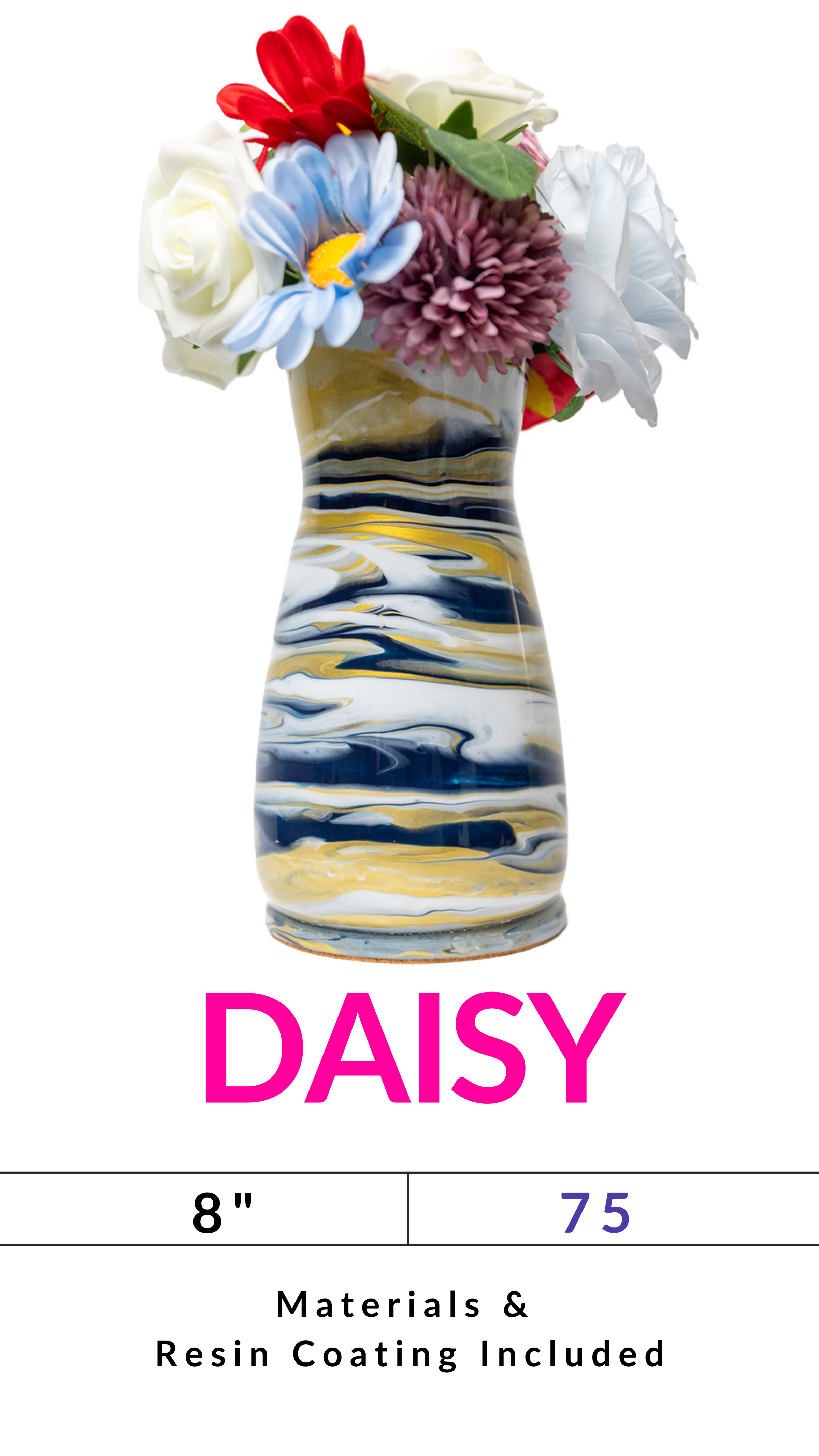 Swirled design vase with mixed flowers labeled 'DAISY', size 8 inches, price 75, resin coating included.