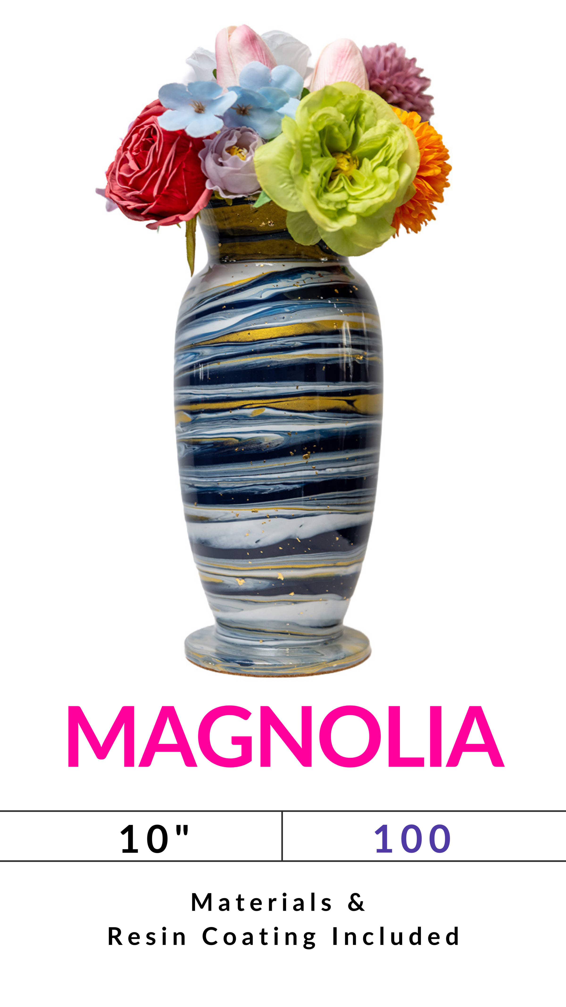 Tall vase with navy and gold swirls, filled with colorful flowers, labeled 'MAGNOLIA' and size '10