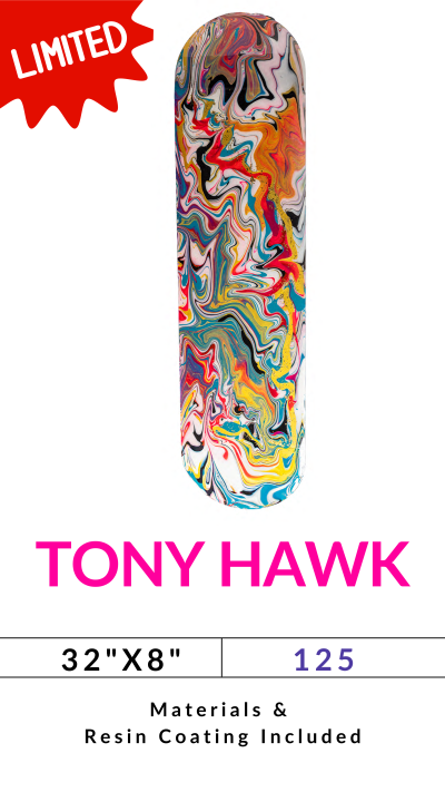 Colorful abstract skateboard design labeled 'TONY HAWK' with 'LIMITED' badge.