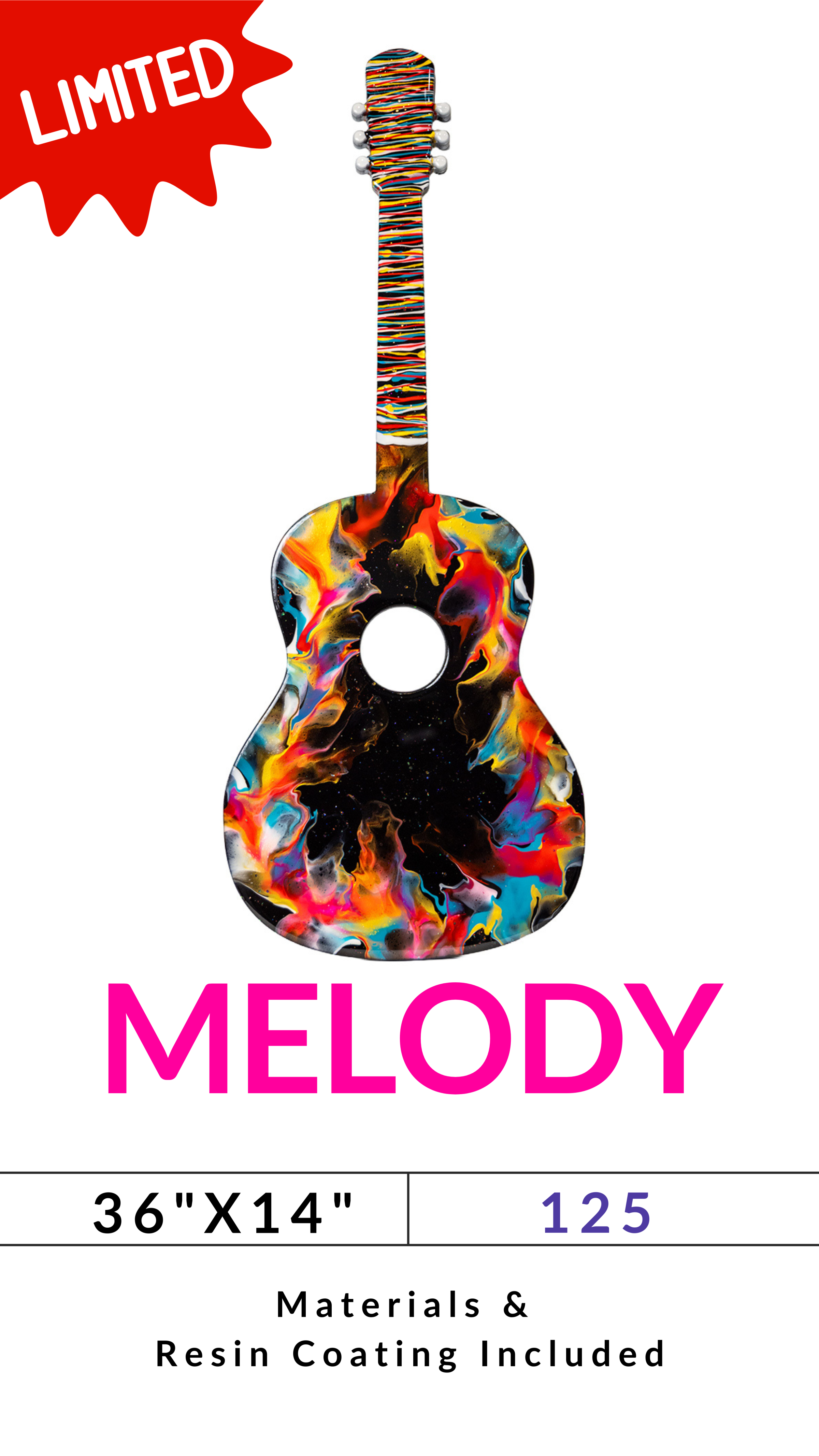 Colorful abstract guitar labeled 'MELODY', size 36