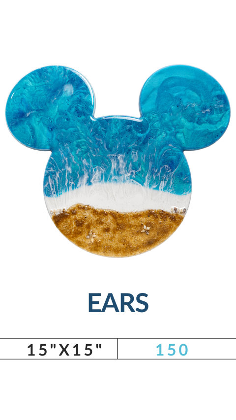 Blue and brown abstract art shaped like mouse ears, labeled 'EARS', size 15