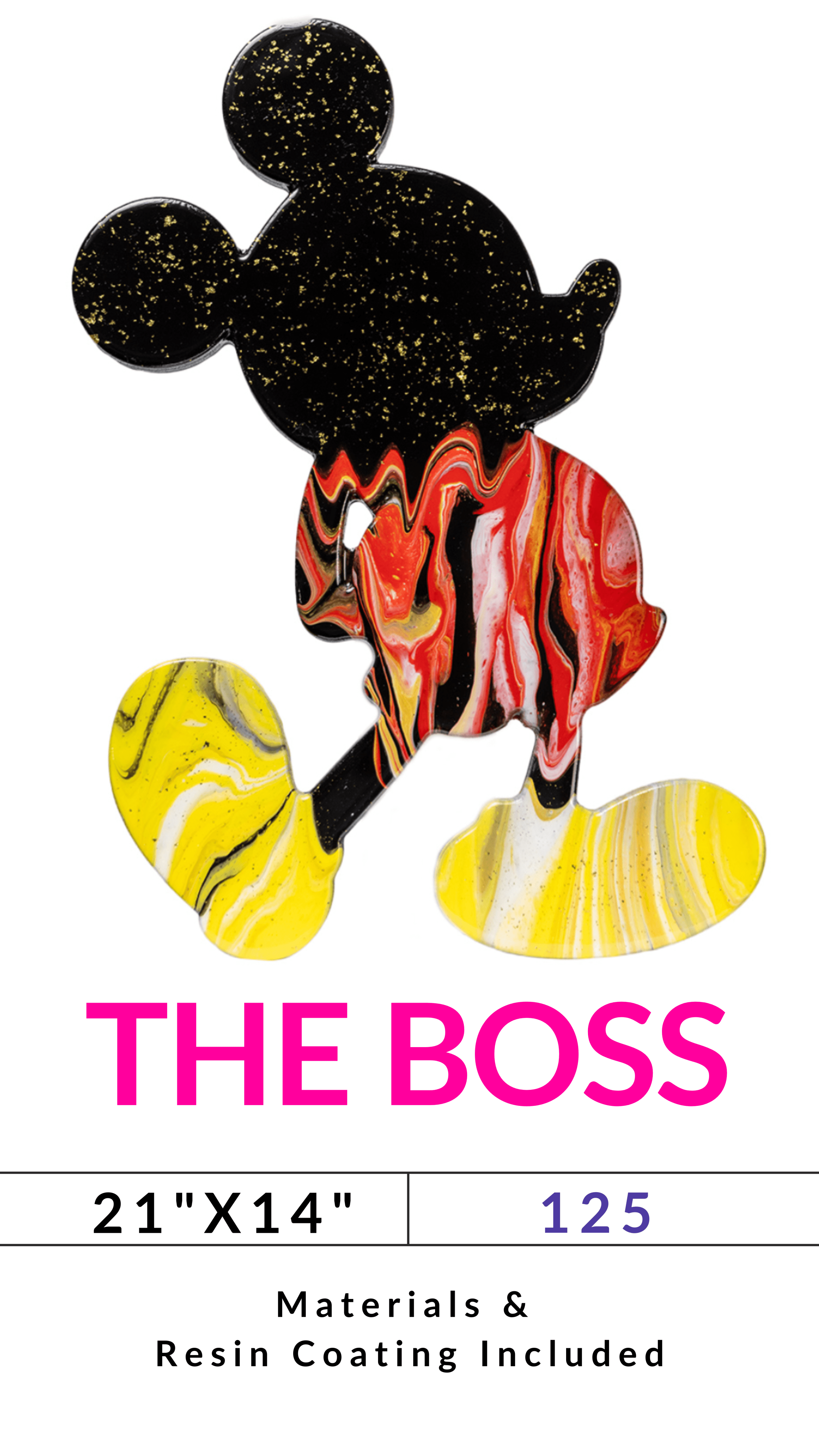 Colorful abstract design shaped like a mouse with text 'THE BOSS', size 21'x14', resin coated.