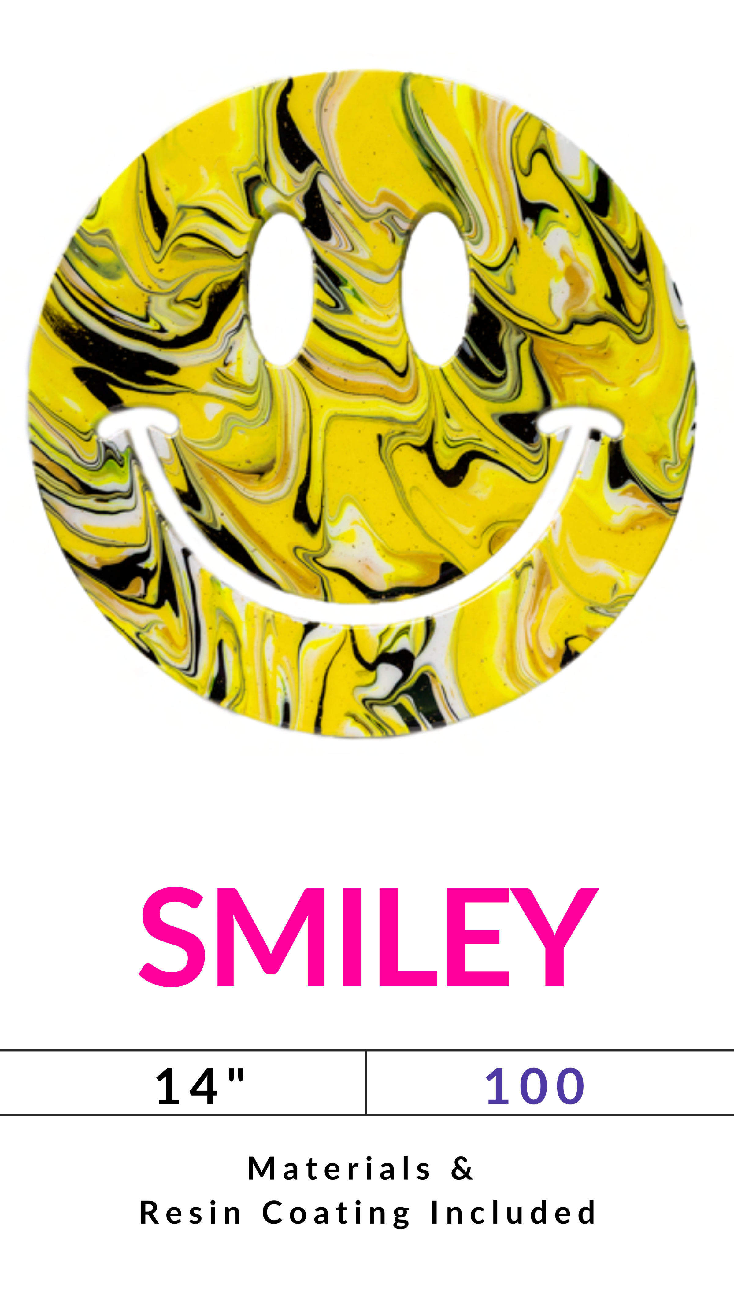 Yellow swirled smiley face design with text 'SMILEY' and dimensions below.