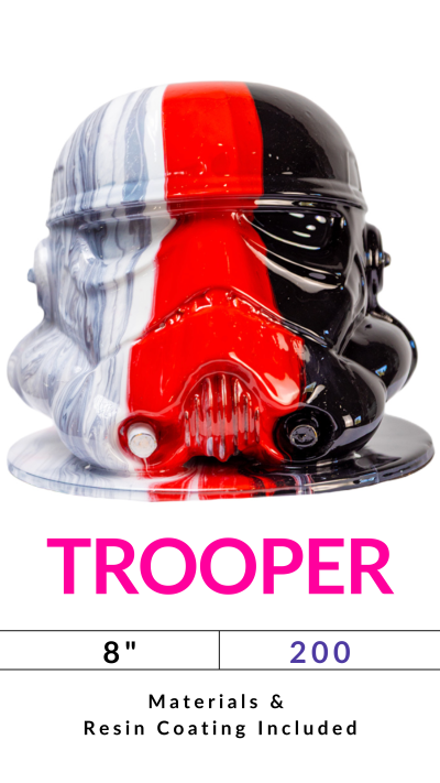 Colorful stormtrooper helmet with red, black, and white stripes on display with 'TROOPER' text beneath.