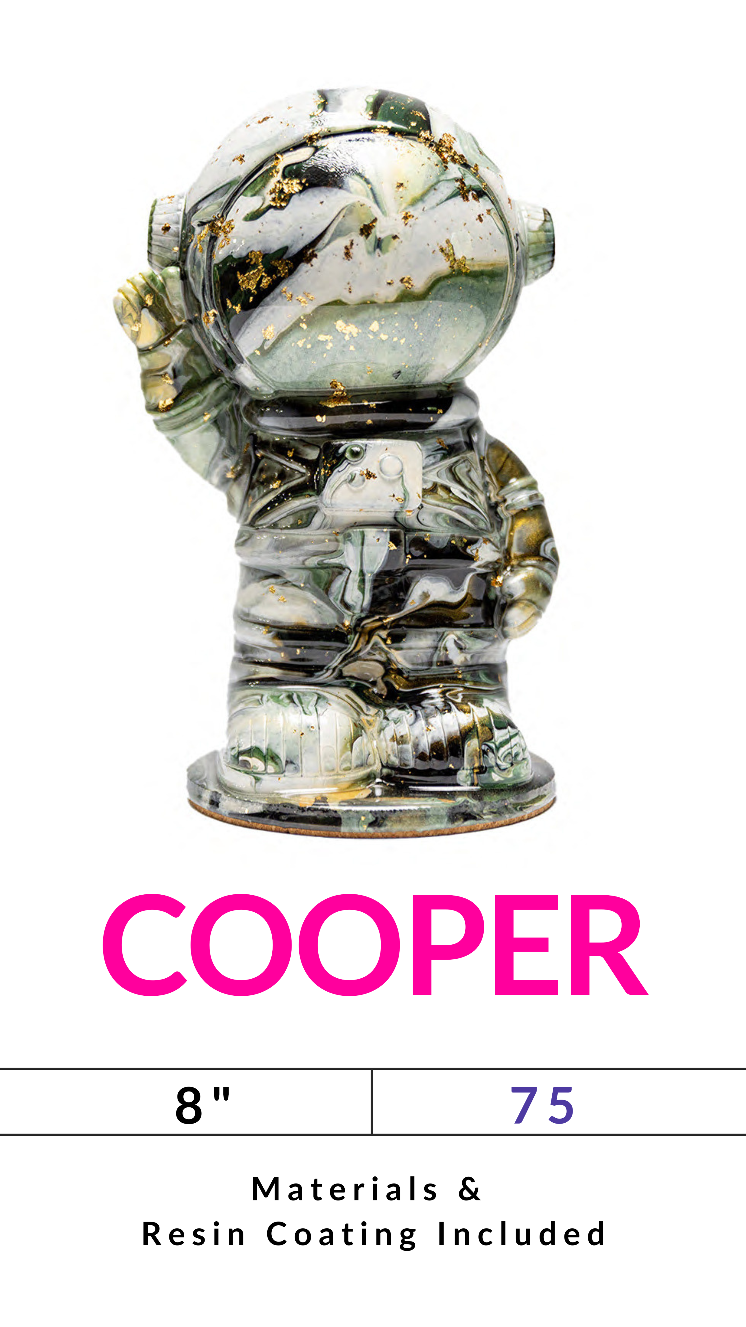 Marbled astronaut figurine with gold flakes, labeled 'COOPER', 8 inches, resin coating included.