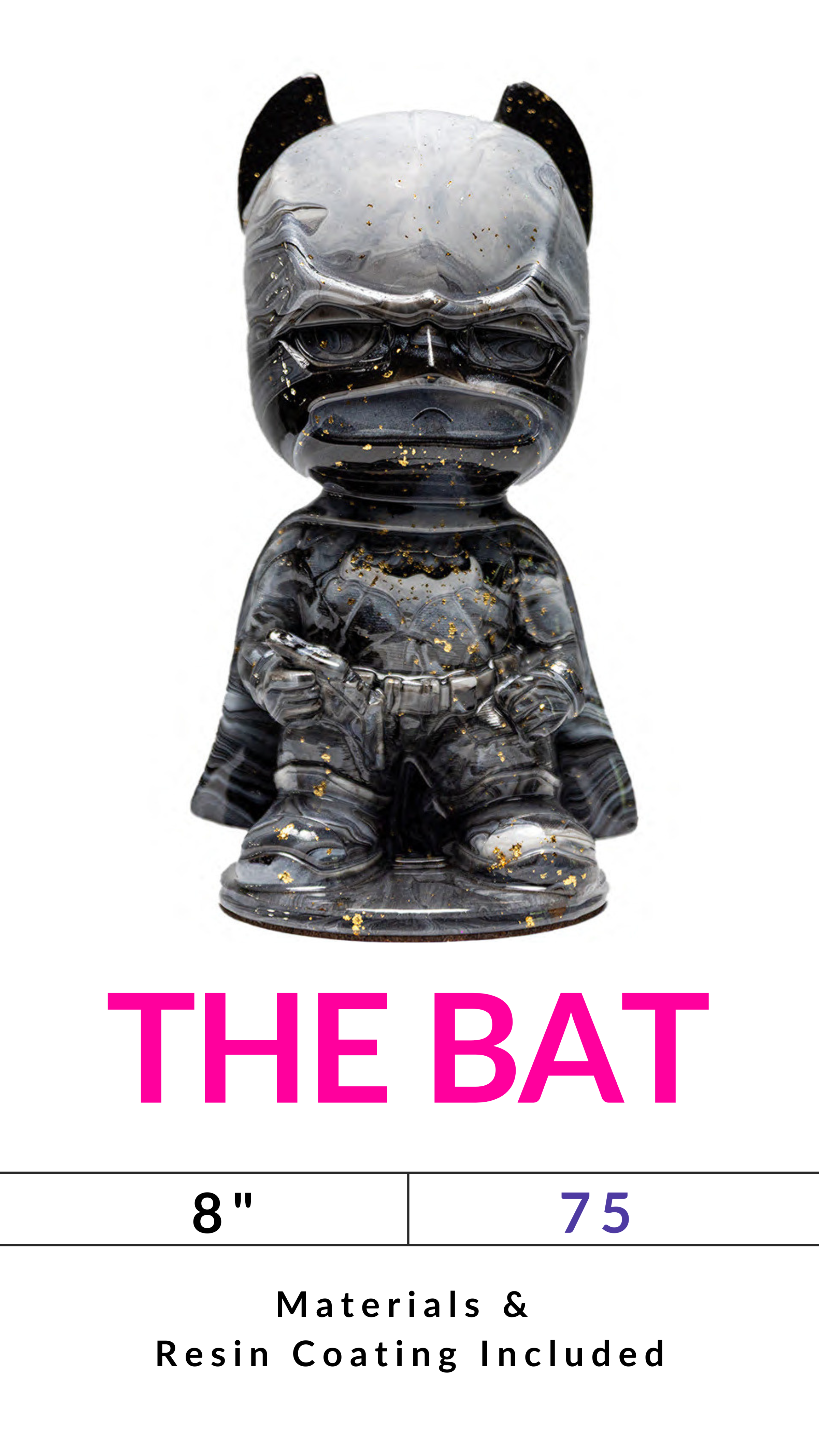 Gray statue of a bat character with gold speckles, labeled 'THE BAT' with size and material details.