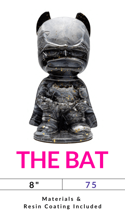Gray statue of a bat character with gold speckles, labeled 'THE BAT' with size and material details.