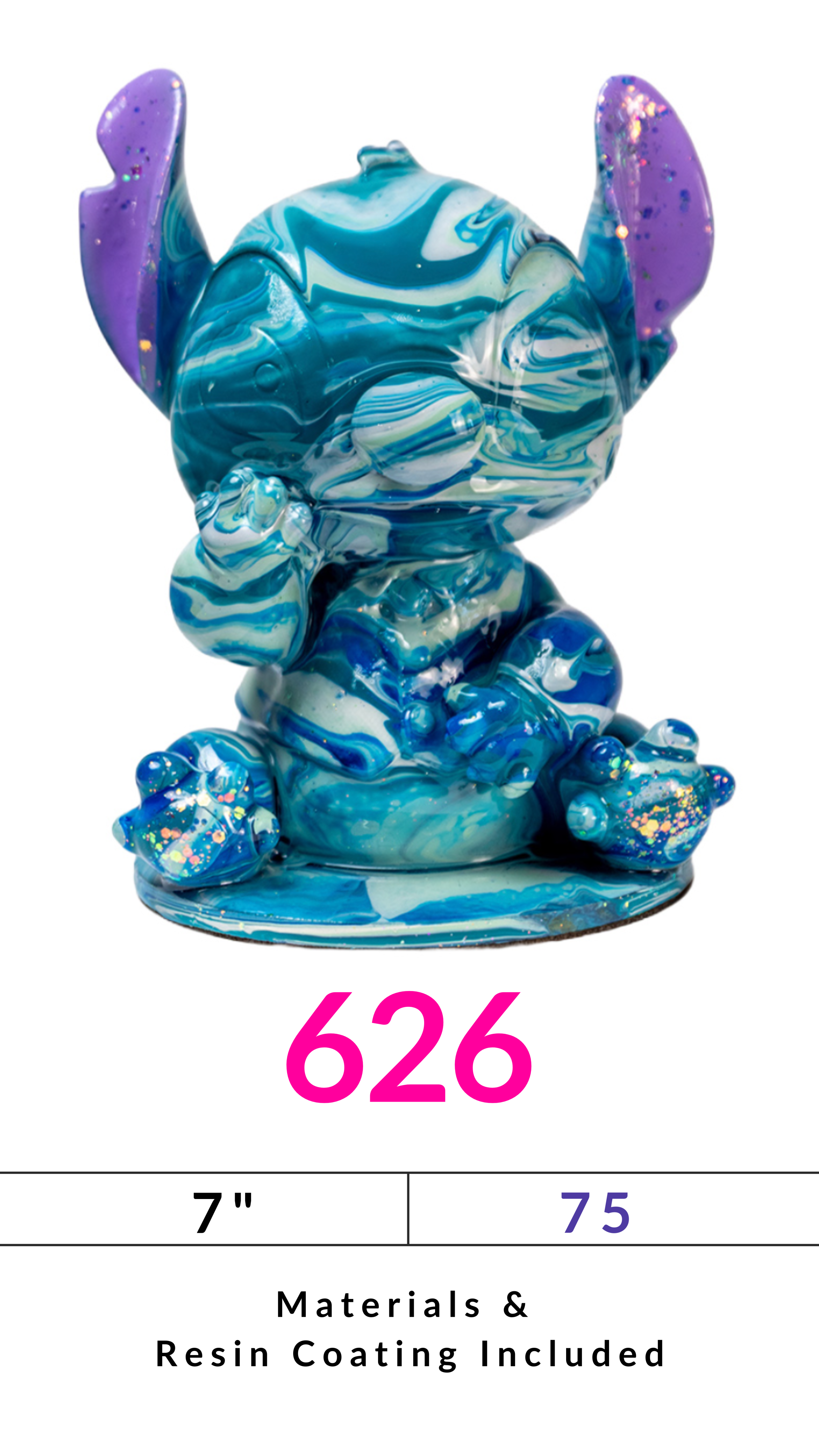 Colorful resin figure with blue and purple swirls, labeled '626', height 7 inches, materials included.