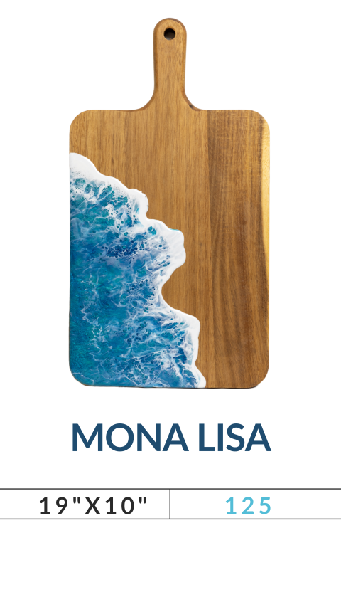 Wooden cutting board with ocean wave design on bottom left corner, titled 'Mona Lisa', measuring 19
