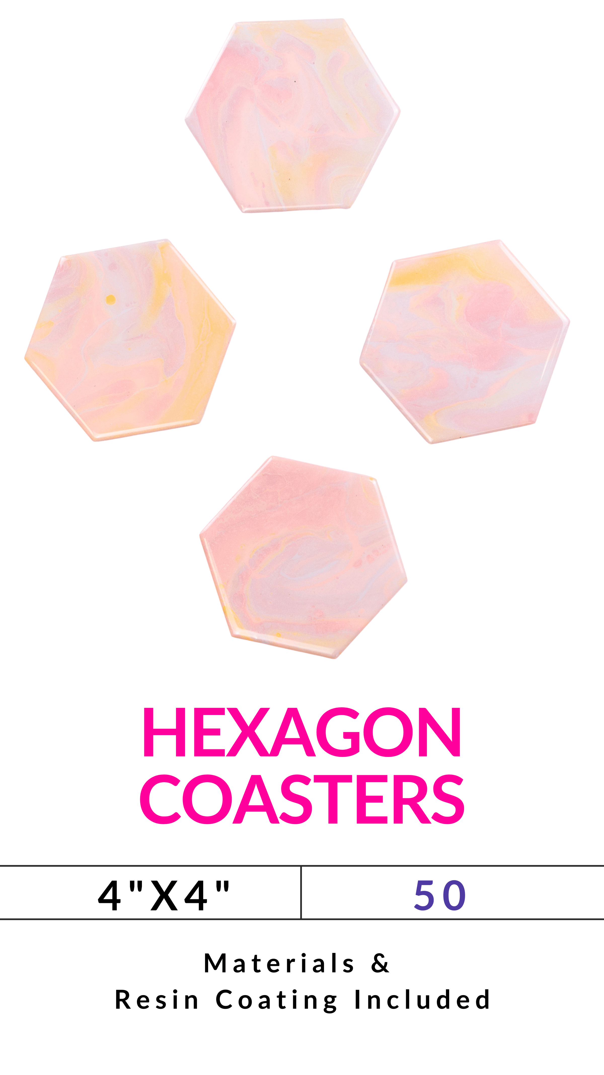 Four pastel hexagon coasters with product details below.