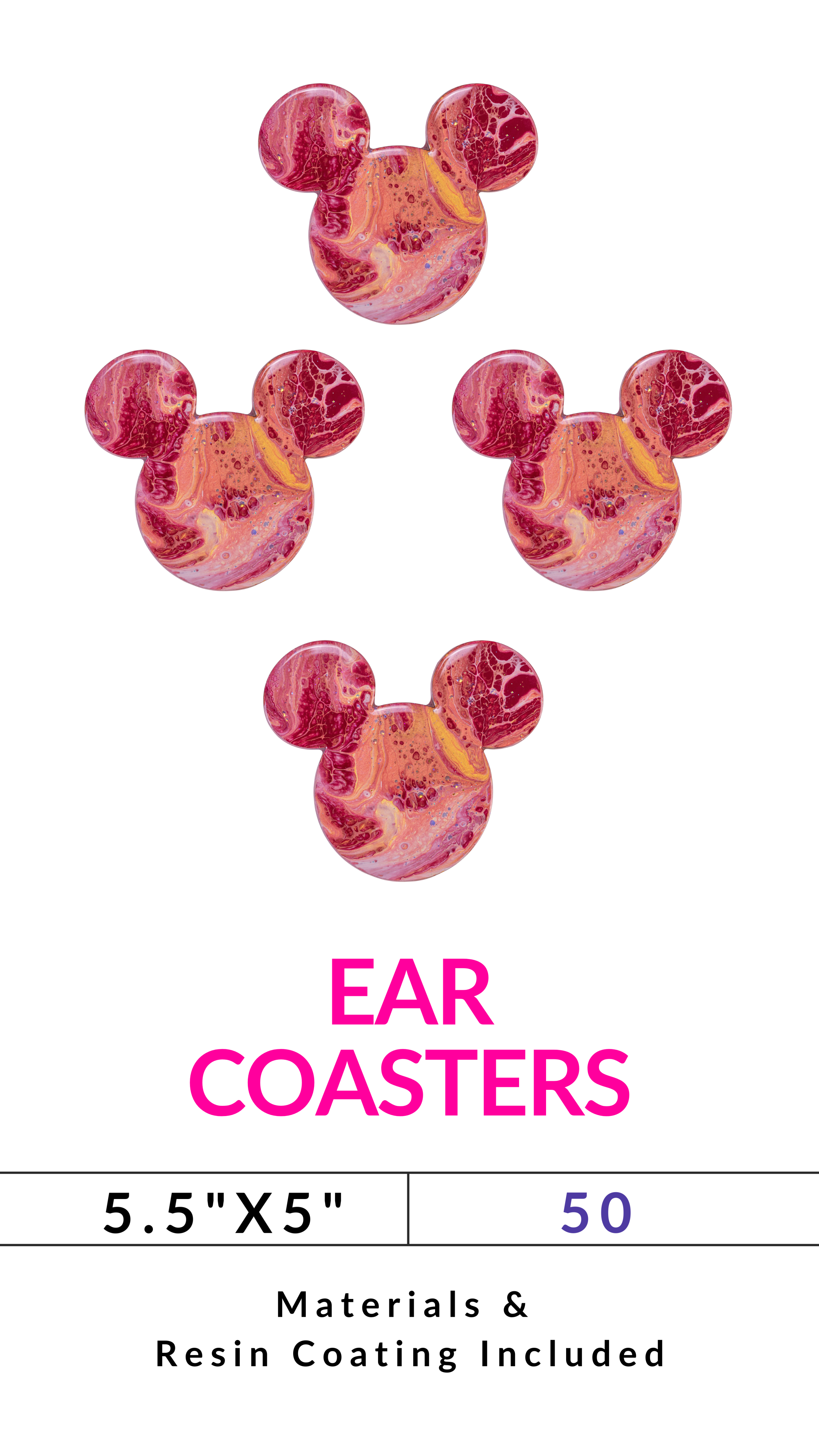 Four pink ear-shaped coasters with marbled design; text: 'Ear Coasters', size '5.5
