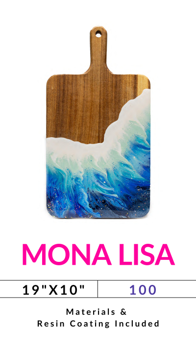 Wooden cutting board with blue wave resin art and text: 'MONA LISA', '19