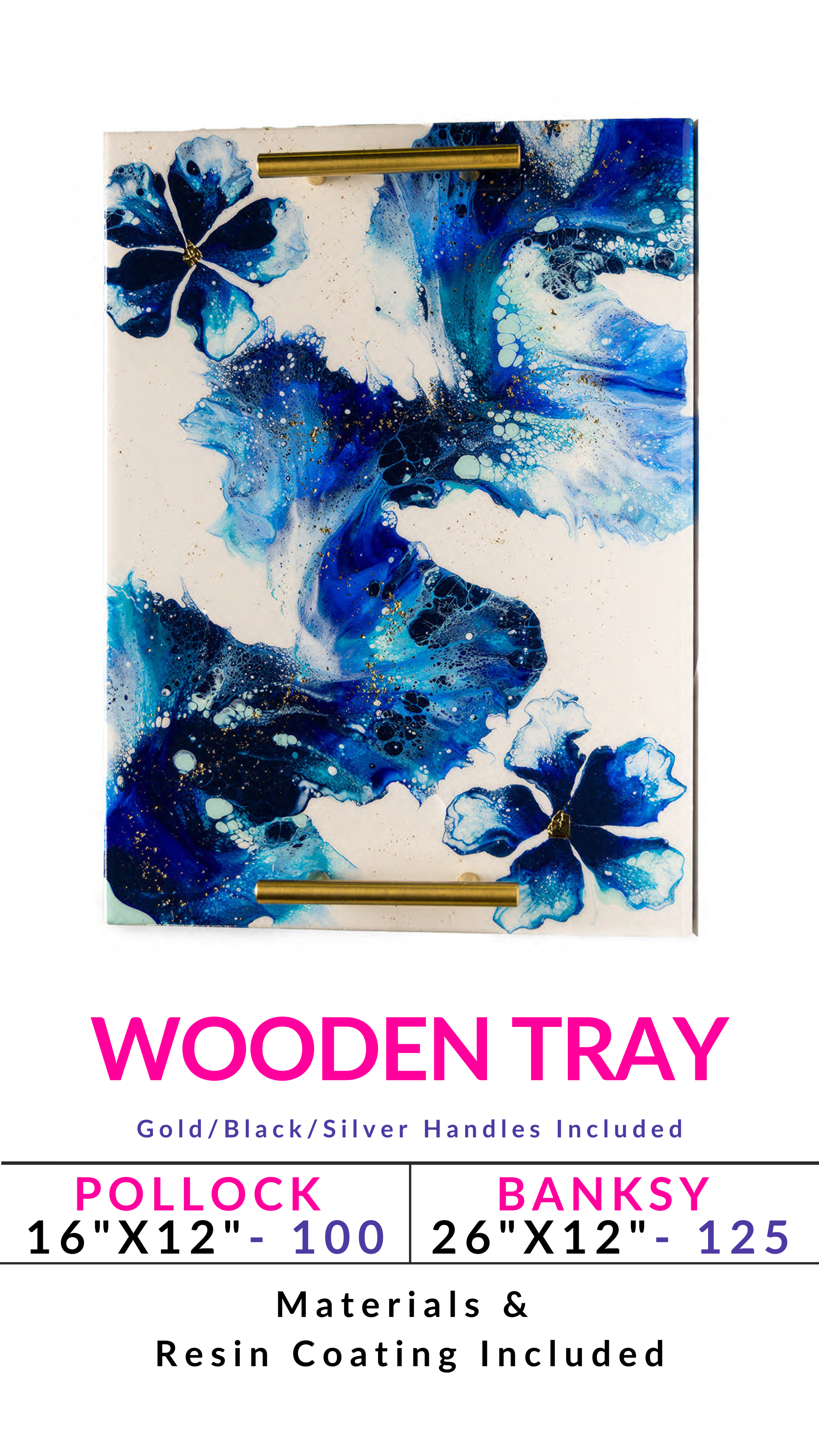 Abstract blue floral wooden tray with gold handles and resin coating details.