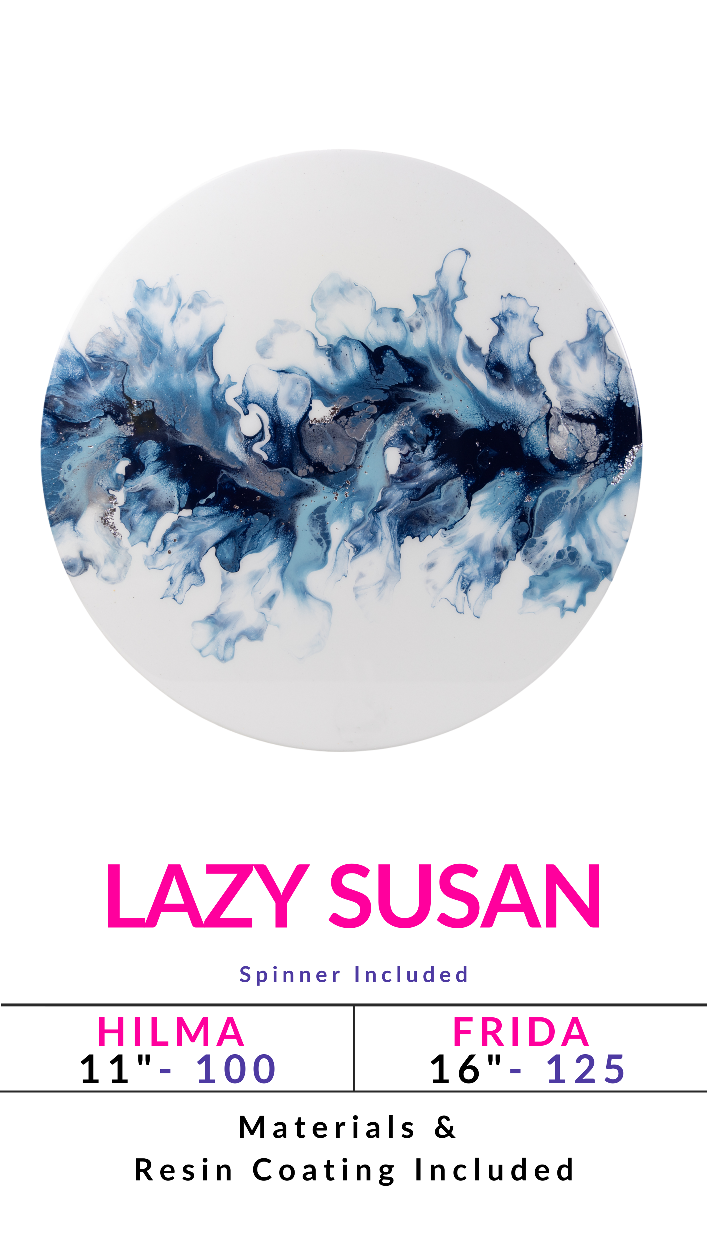 Lazy Susan with blue abstract art and text about sizes 11