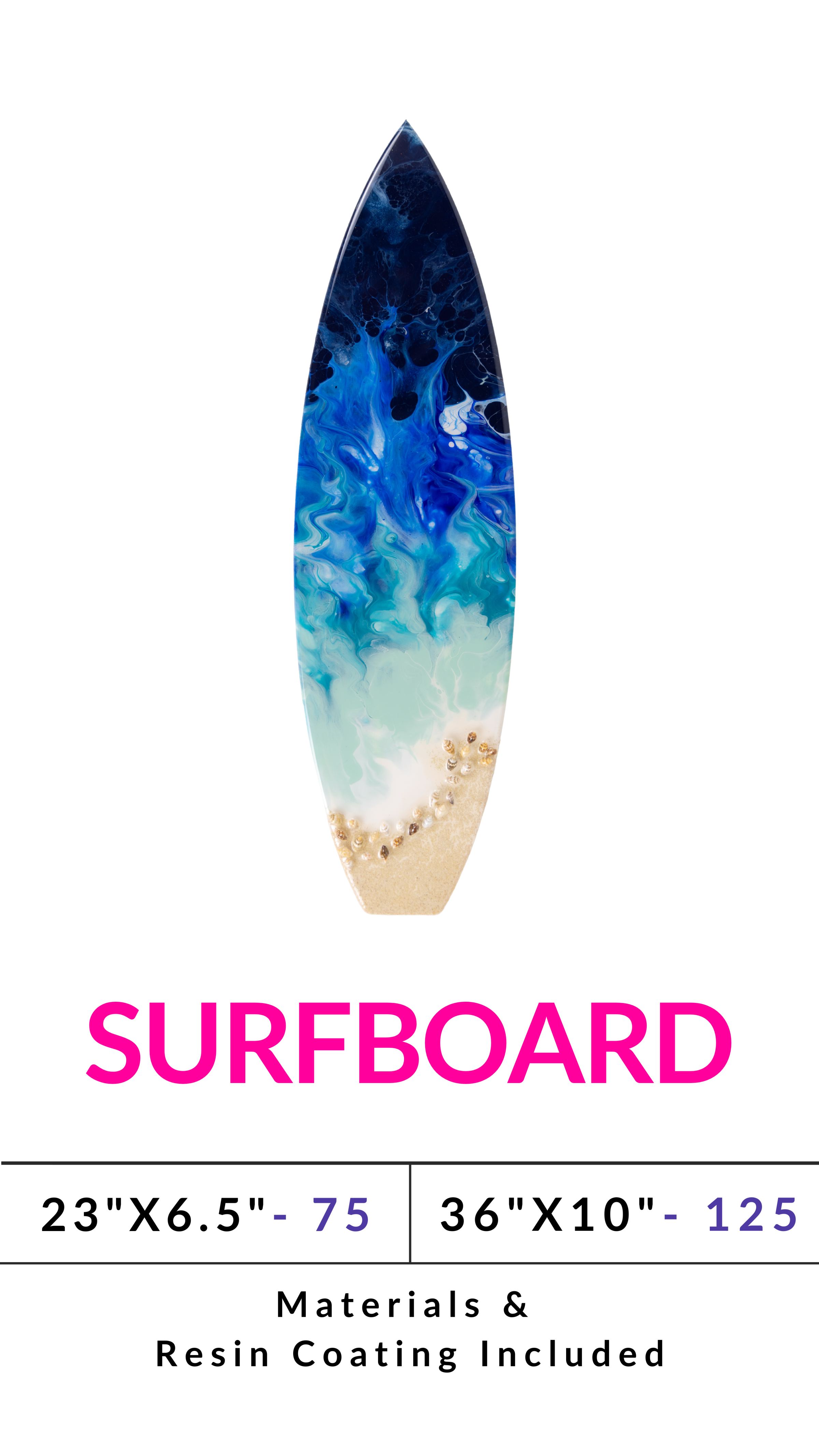 Colorful resin art surfboard with sizes and resin coating details.