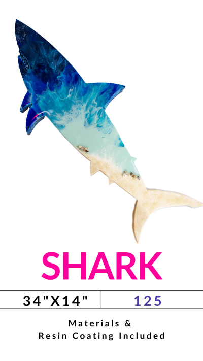 Abstract blue and beige shark silhouette artwork with text 'SHARK', size '34X14', and 'Materials & Resin Coating Included'.