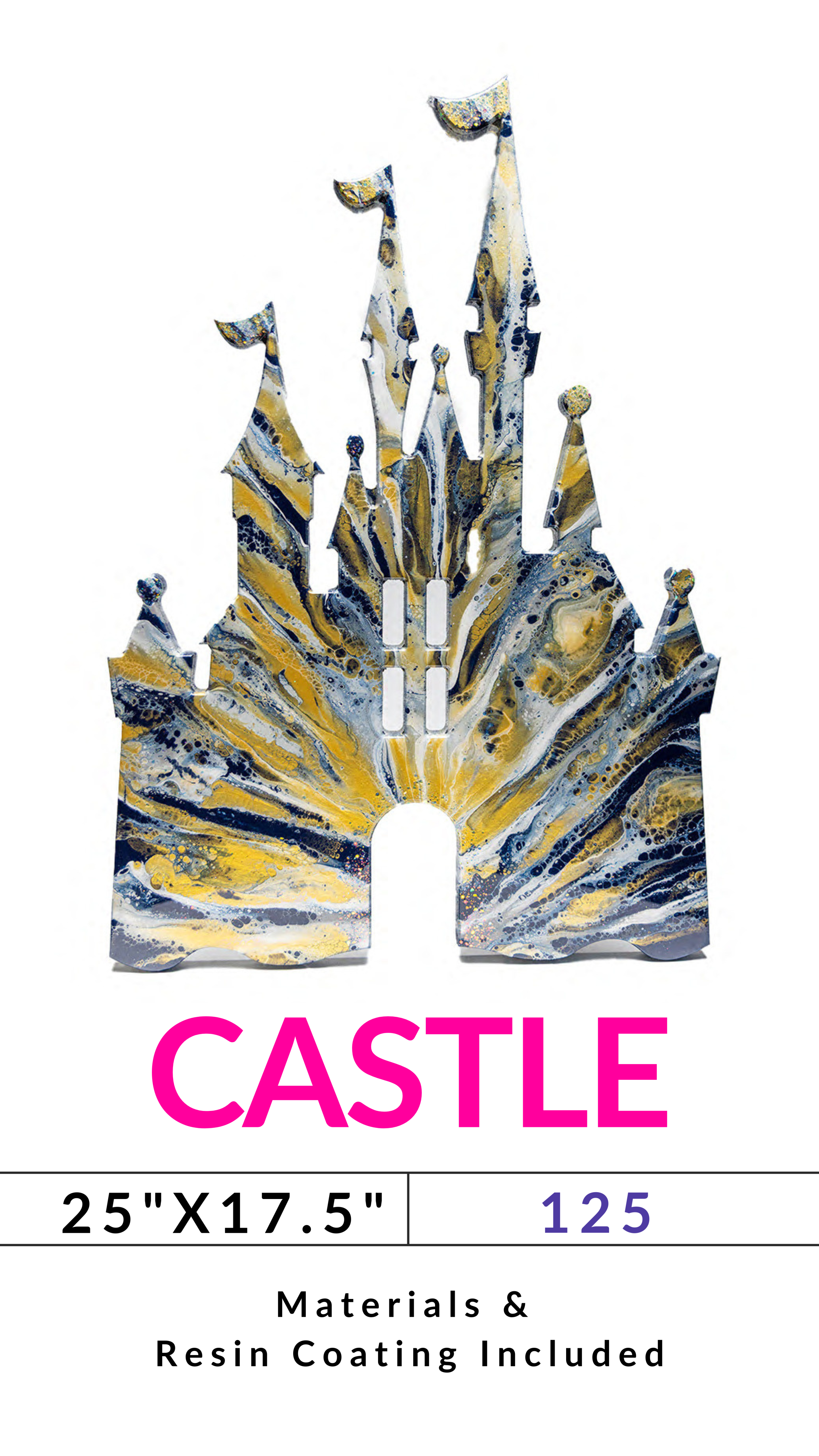 Abstract multicolored castle art with dimensions and resin coating info.