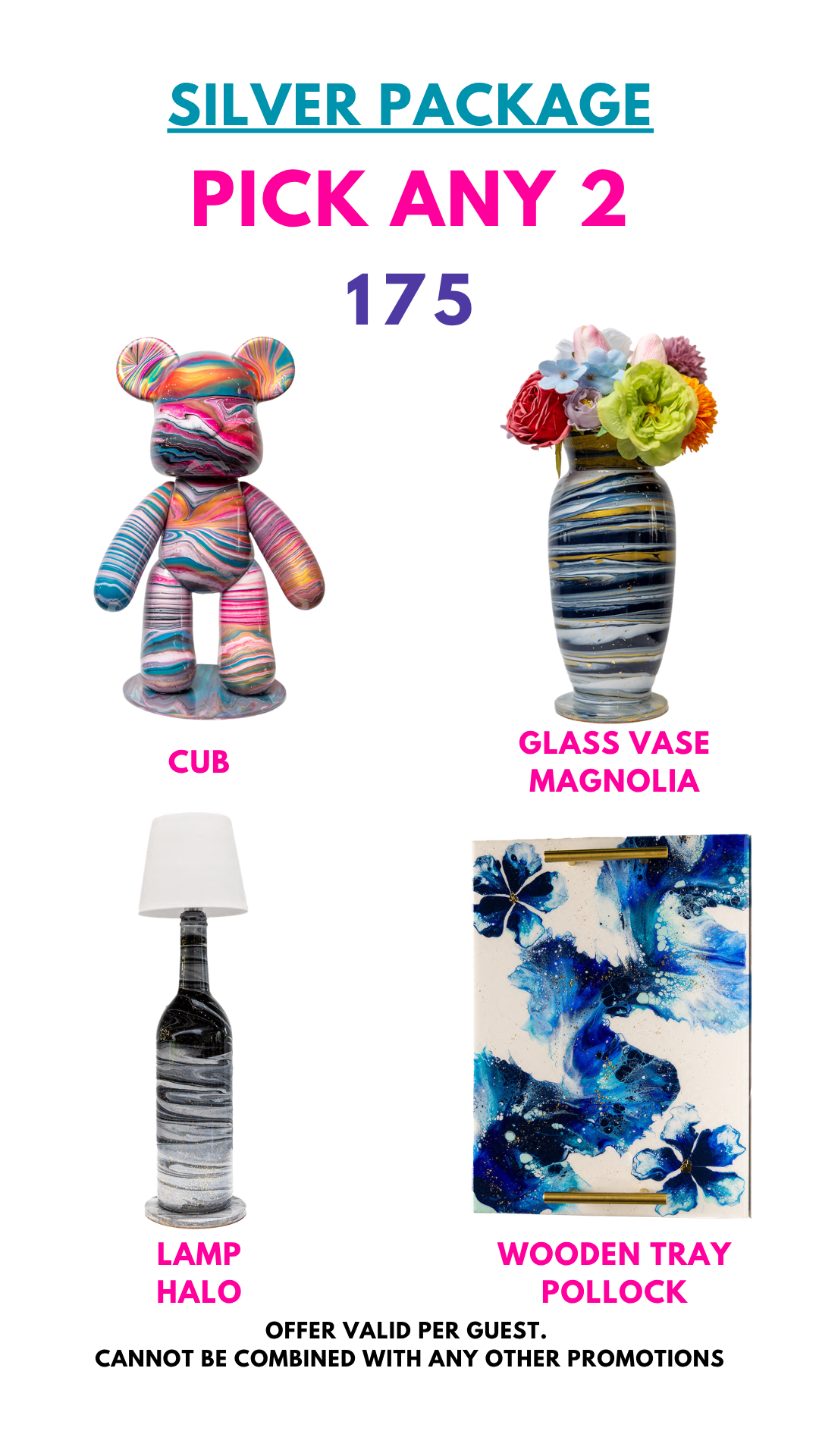 Silver Package offer to pick any 2 items from a colorful bear, vase, lamp, and blue-patterned tray for 175.