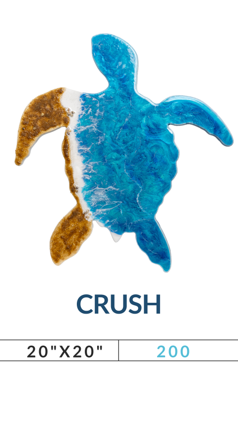 Blue and brown turtle art labeled 'CRUSH', with dimensions 20x20 and number 200 below.