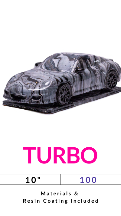 Marbled car model labeled 'TURBO' with dimensions and material details below.