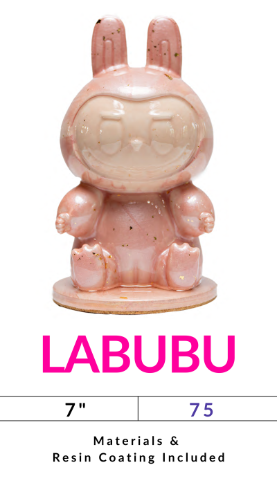Pink bunny rabbit figure labeled 'LABUBU' with size and resin coating details.