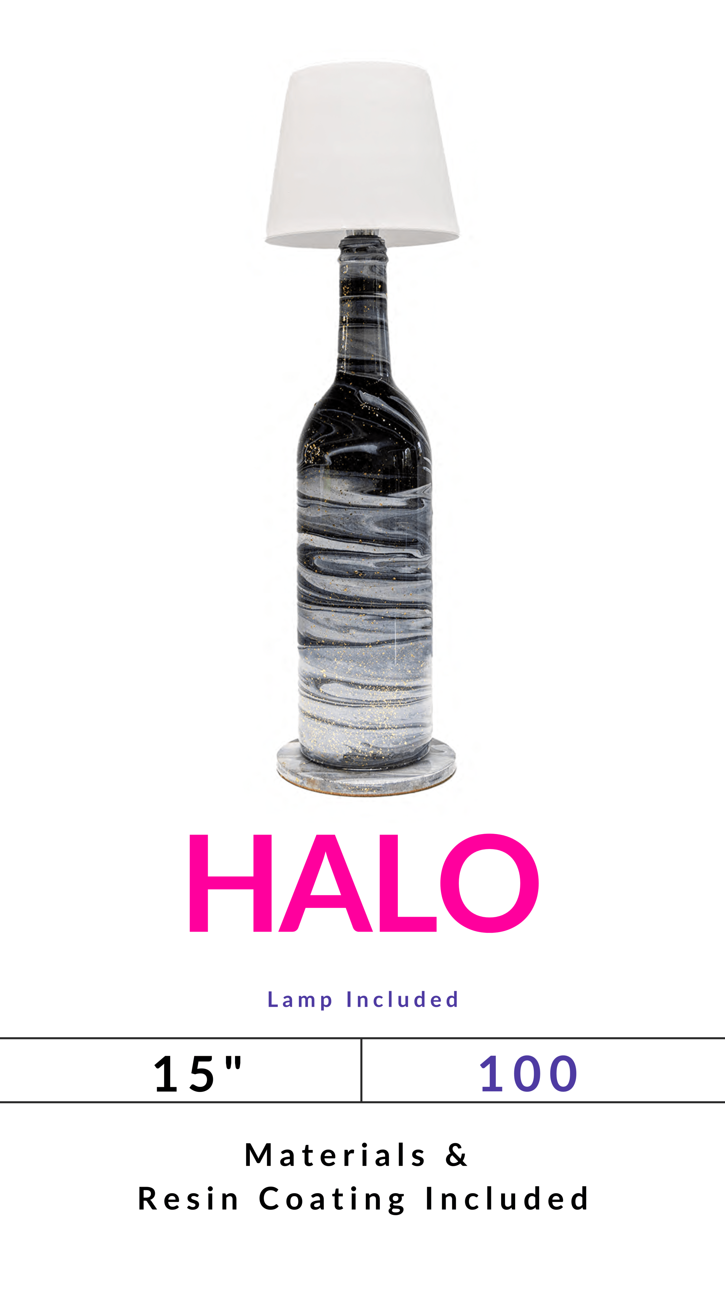 Bottle-shaped lamp with resin coating, labeled 'HALO', 15 inches, materials included.