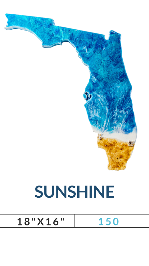 Resin art of Florida as ocean and beach, labeled 'SUNSHINE' with size 18